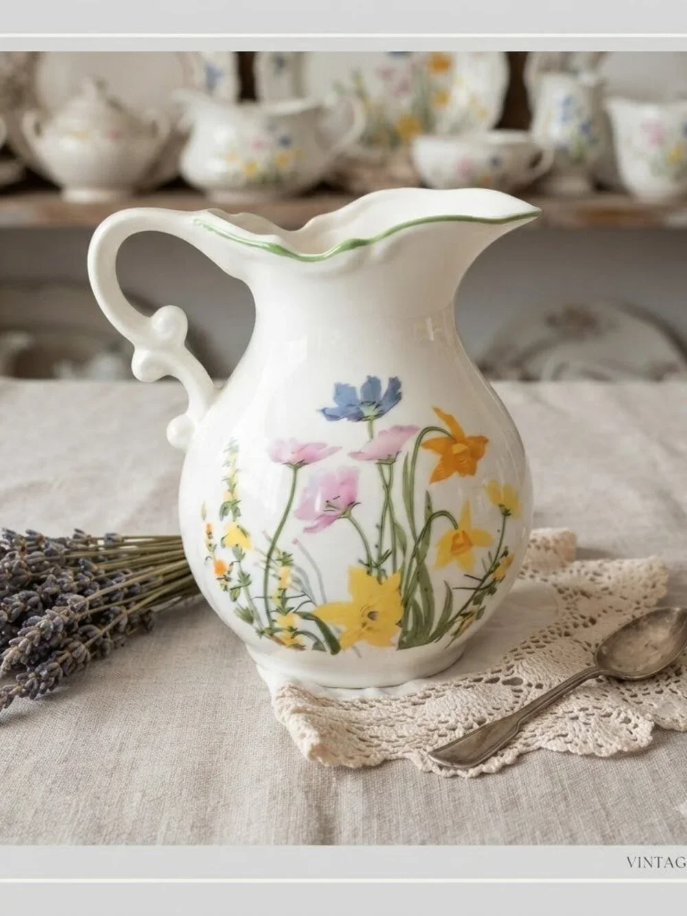 Floral Pitcher White with flowers Vintage green trim